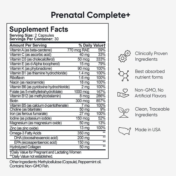 Prenatal Complete supplement facts label, listing vitamins, minerals, DHA, collagen, and key benefits like "Made in USA".