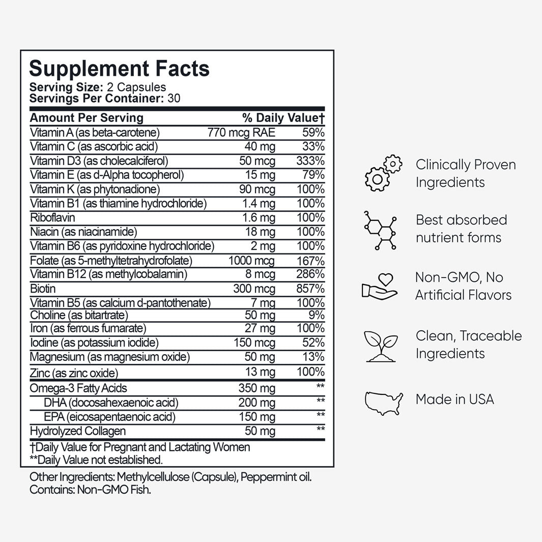 Complete Prenatal supplement facts label showing vitamins, folate 5-MTHF, DHA, and ingredients. Details benefits like 'clinically proven' and 'made in USA'.