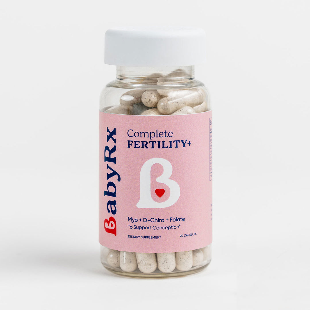 BabyRx Fertility Support bottle with 90 vitamins for women's ovulation and conception, contains Myo Inositol, D-Chiro, Folate