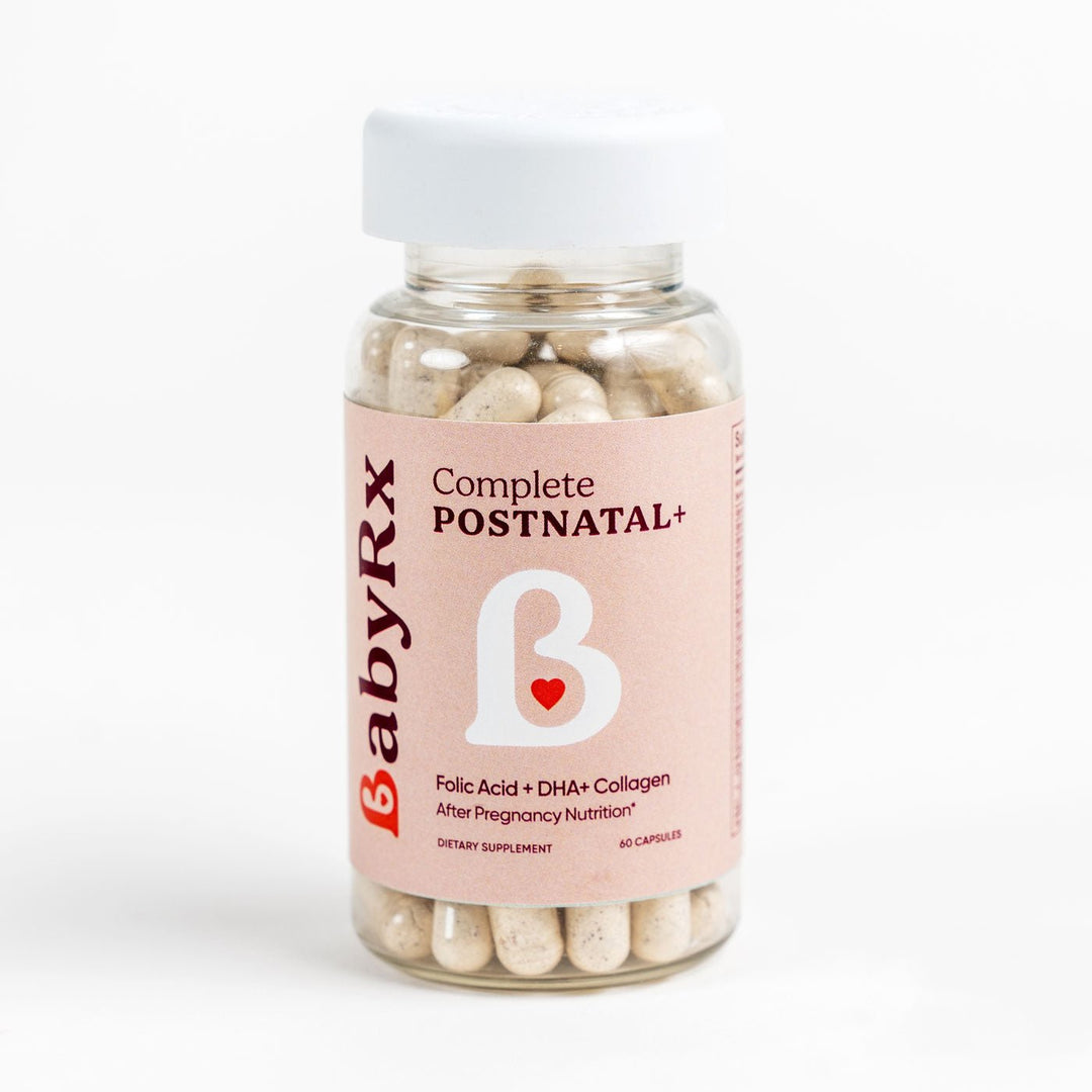 BabyRx Complete Postnatal+ vitamins bottle for new mothers with Folate 5-MTHF, DHA, Choline and Collagen for postpartum recovery