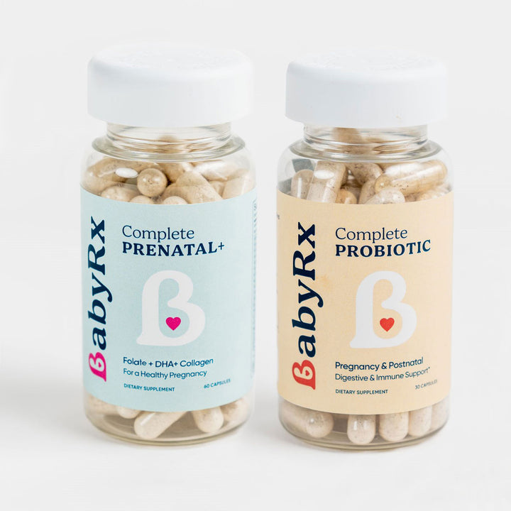 Prenatal 360 Bundle: BabyRx Complete Prenatal+ and Complete Probiotic supplements bottles with capsules.