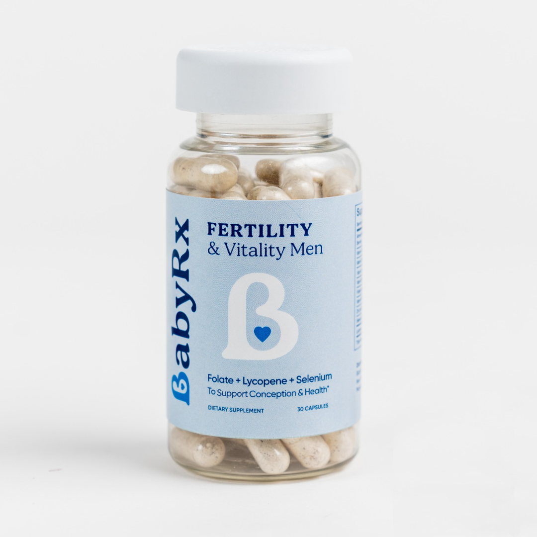 BabyRx Men's Fertility & Vitality supplement bottle for sperm health, with Folate 5-MTHF, Lycopene, Selenium, 30 capsules.
