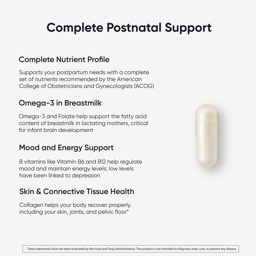 Complete Postnatal+ vitamin capsule on white background with text describing benefits for complete set of nutrients recommended by OBGYNs, breastmilk, mood, energy, skin & pelvic floor health