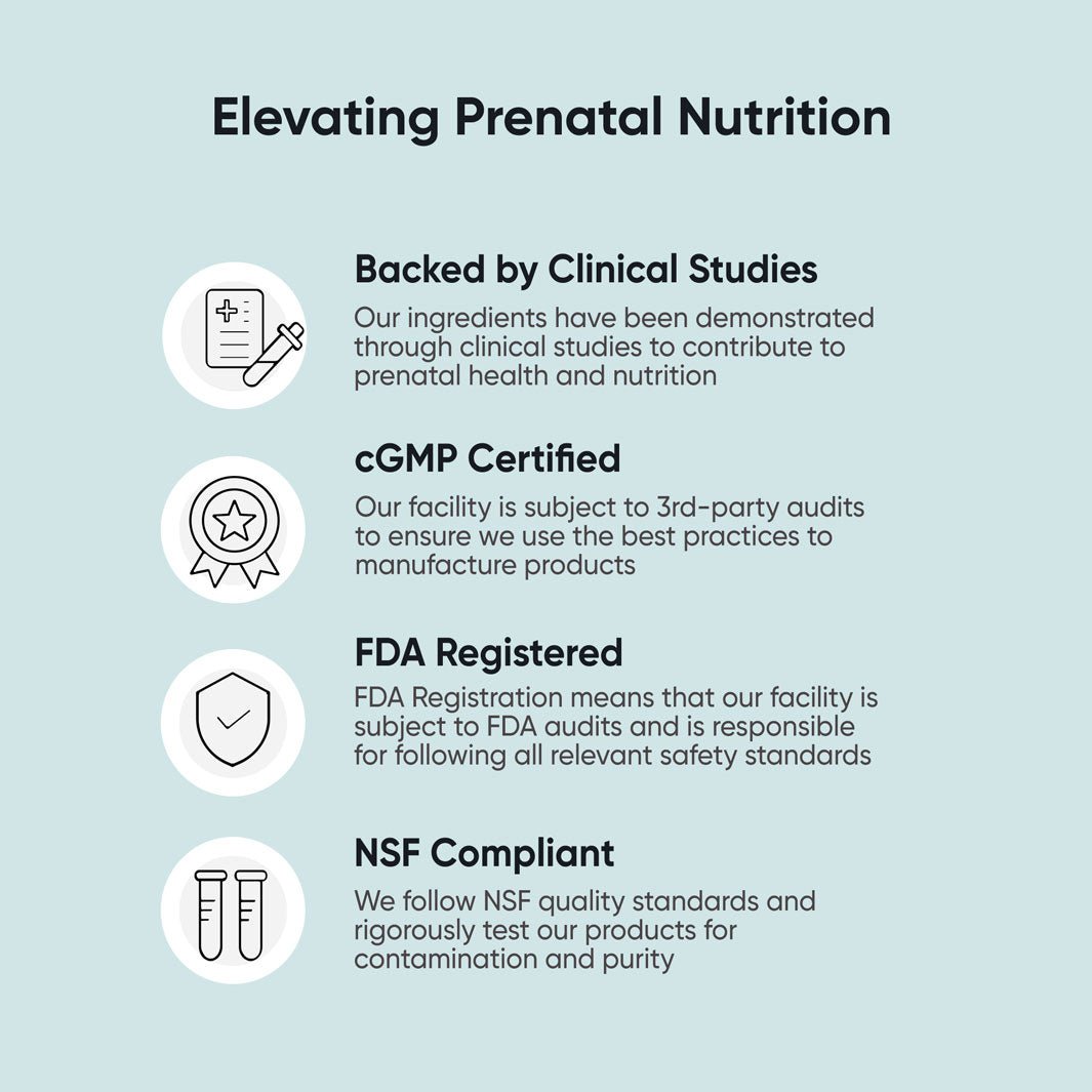 BabyRx Complete Prenatal+ claims: backed by clinical studies, cGMP certified, FDA registered, NSF compliant
