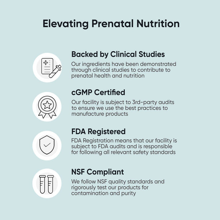 BabyRx Complete Prenatal+ claims: backed by clinical studies, cGMP certified, FDA registered, NSF compliant