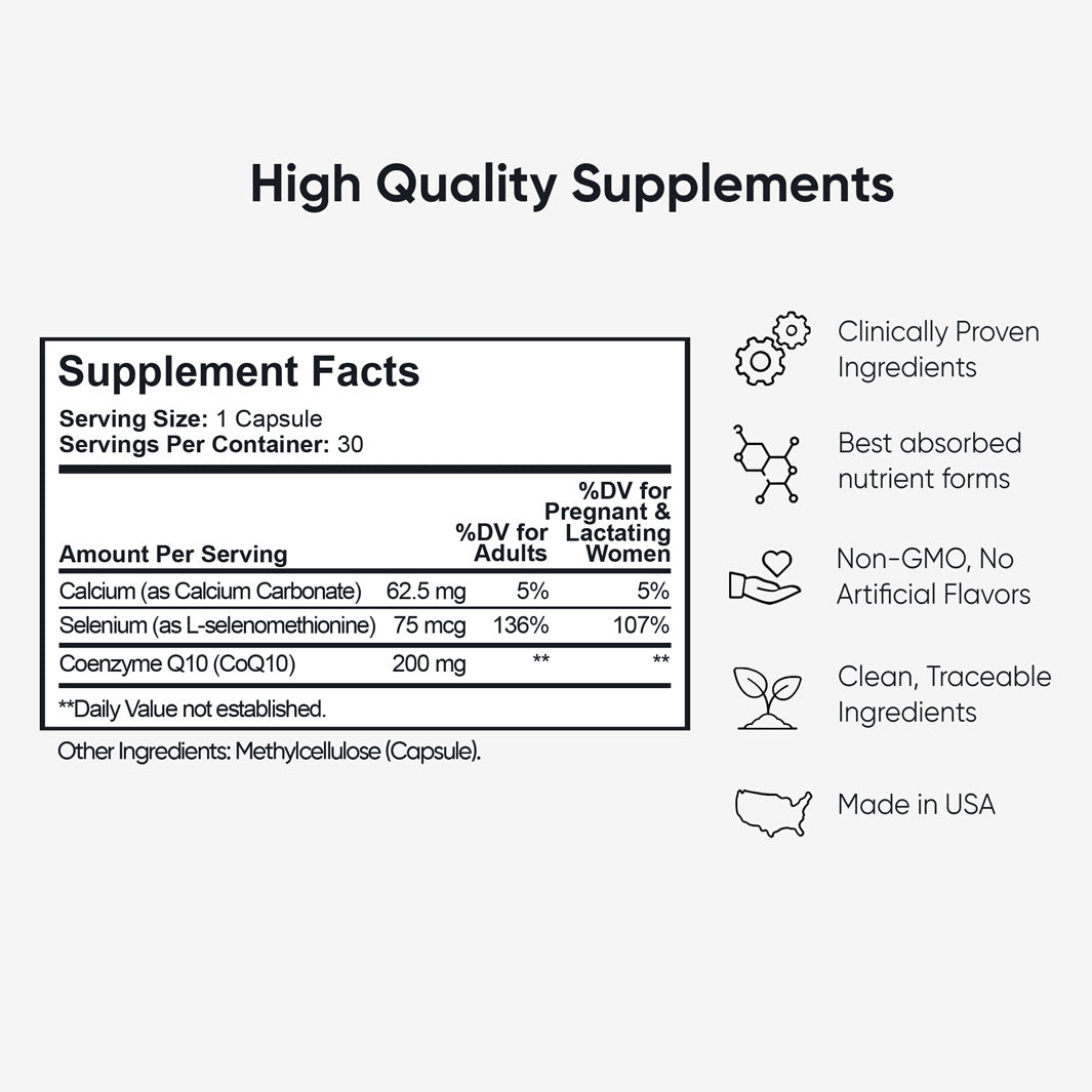 Complete CoQ-10 supplement facts label showing Calcium, Selenium, CoQ10 amounts, non-GMO, no artificial flavors icons.