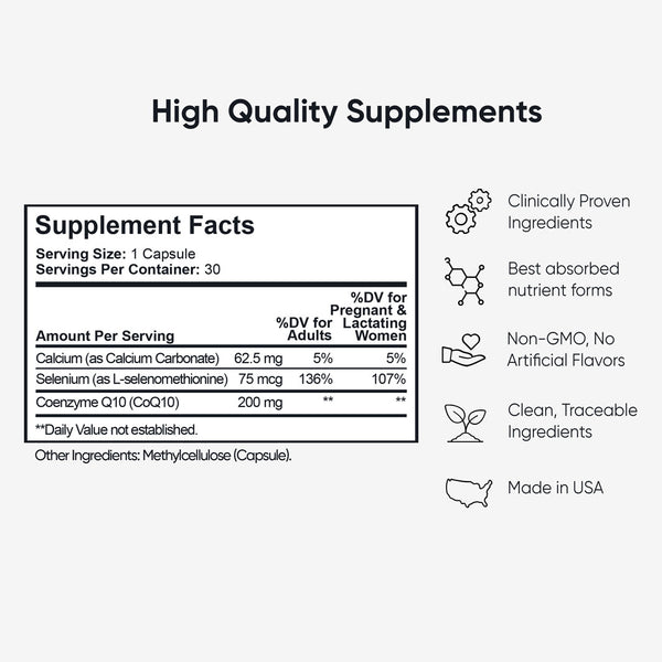 Complete CoQ-10 supplement facts label showing Calcium, Selenium, CoQ10 amounts, non-GMO, no artificial flavors icons.