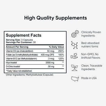 BabyRx Fertility Support Supplement Facts panel with 3 capsules per serving, including Folate 5-MTHF, Inositol, and vitamins. Made in USA.