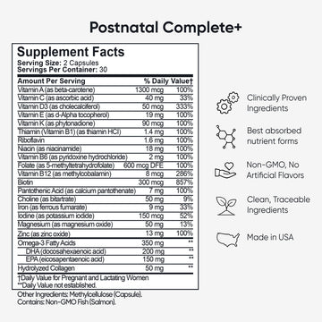 Supplement label for Postnatal Complete with facts, non-GMO, no artificial flavors, clean, traceable ingredients, made in USA.