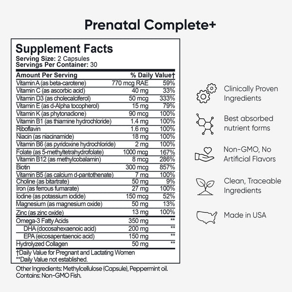 Prenatal Complete+ Supplement Facts label showing vitamins, minerals, DHA, Folate 5-MTHF, Iron, Choline and Collagen for healthy pregnancy support.