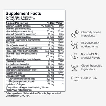 Complete Prenatal supplement facts label showing vitamins, folate 5-MTHF, DHA, and ingredients. Details benefits like 'clinically proven' and 'made in USA'.