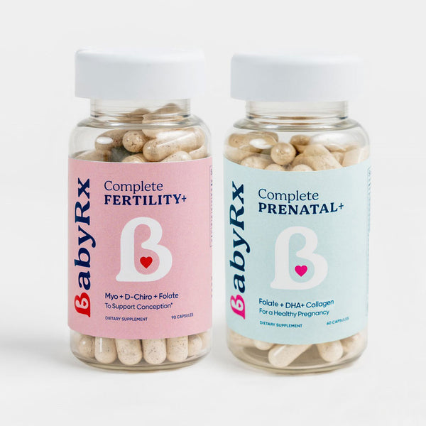 BabyRx Fertility+ Prenatal+ Duo Bundle: two bottles of supplements, Fertility for Women vitamins and Complete Prenatal+ supplement, for conception & healthy pregnancy.