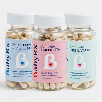 BabyRx Fertility Trio Bundle with supplements: Fertility & Vitality Supplements for Men, Complete Fertility for Women, and Complete Prenatal Vitamins bottles.