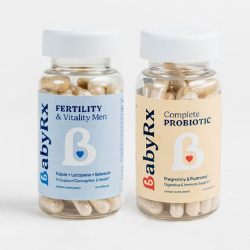 BabyRx Men's Fertility & Vitality and Complete Probiotic supplement bottles with capsules.