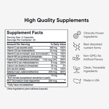 Men's Fertility & Vitality supplement facts label showing ingredients like Lycopene, Selenium, Vitamin E and Zinc, with claims of clinically proven, non-GMO, and Made in USA.