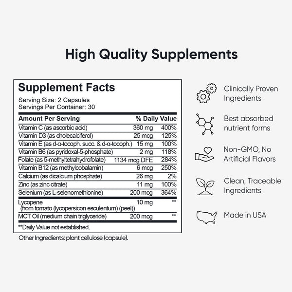 Men's Fertility & Vitality supplement facts label showing ingredients like Lycopene, Selenium, Vitamin E and Zinc, with claims of clinically proven, non-GMO, and Made in USA.