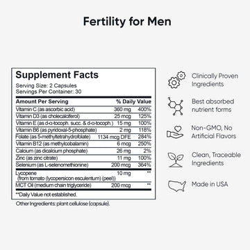 Fertility for Men supplement facts label with clinically proven, non-GMO ingredients for conception support, Made in USA.