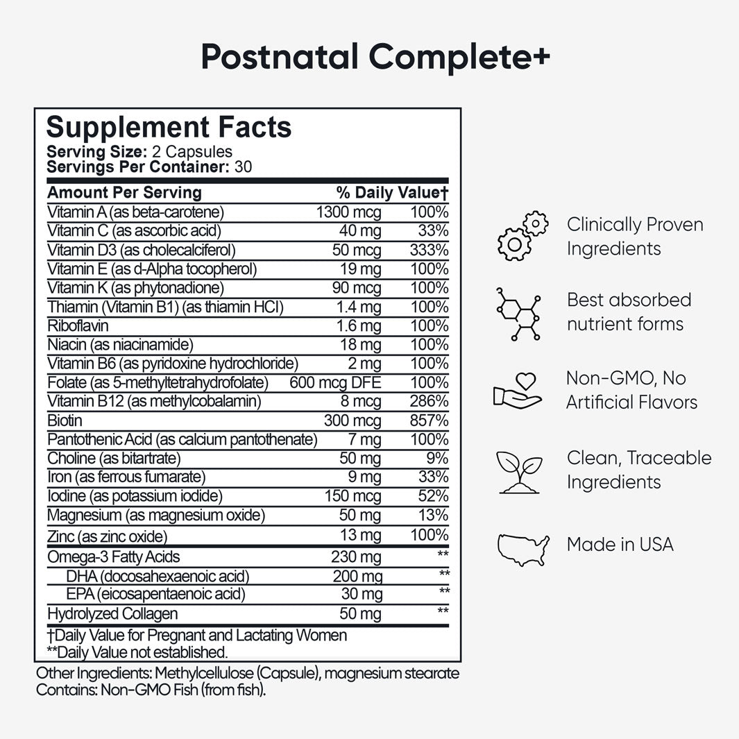 Postnatal Complete+ Supplement Facts label showing vitamins, minerals, DHA, Folate 5-MTHF, Iron, Choline and Collagen for healthy postpartum support.