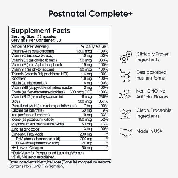 Postnatal Complete+ Supplement Facts label showing vitamins, minerals, DHA, Folate 5-MTHF, Iron, Choline and Collagen for healthy postpartum support.