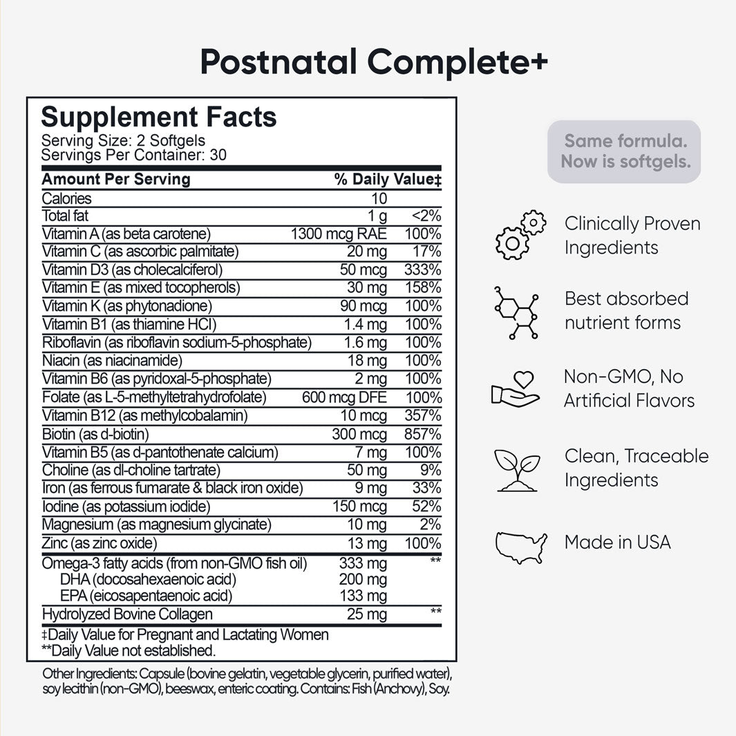 Postnatal Complete+ Supplement Facts label showing vitamins, minerals, DHA, Folate 5-MTHF, Iron, Choline and Collagen for healthy postpartum support.