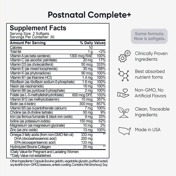 Postnatal Complete+ Supplement Facts label showing vitamins, minerals, DHA, Folate 5-MTHF, Iron, Choline and Collagen for healthy postpartum support.
