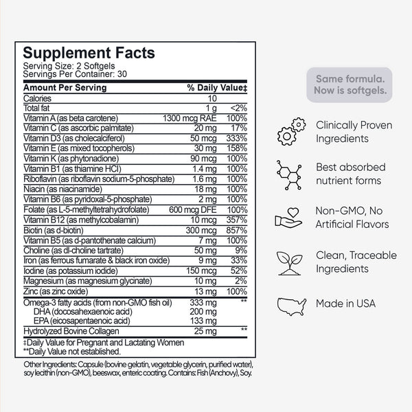 Postnatal Complete+ Supplement Facts label showing vitamins, minerals, DHA, Folate 5-MTHF, Iron, Choline and Collagen for healthy postpartum support.