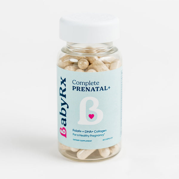 BabyRx Complete Prenatal bottle with 60 capsules, containing Folate, DHA and Collagen for healthy pregnancy.