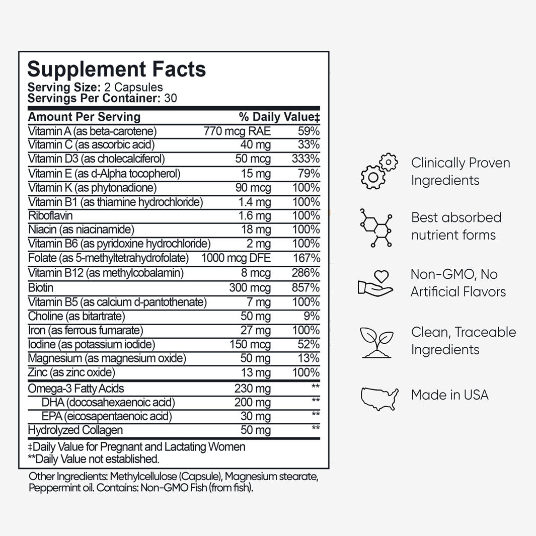 Complete Prenatal supplement facts label showing vitamins, folate 5-MTHF, DHA, and ingredients. Details benefits like 'clinically proven' and 'made in USA'.