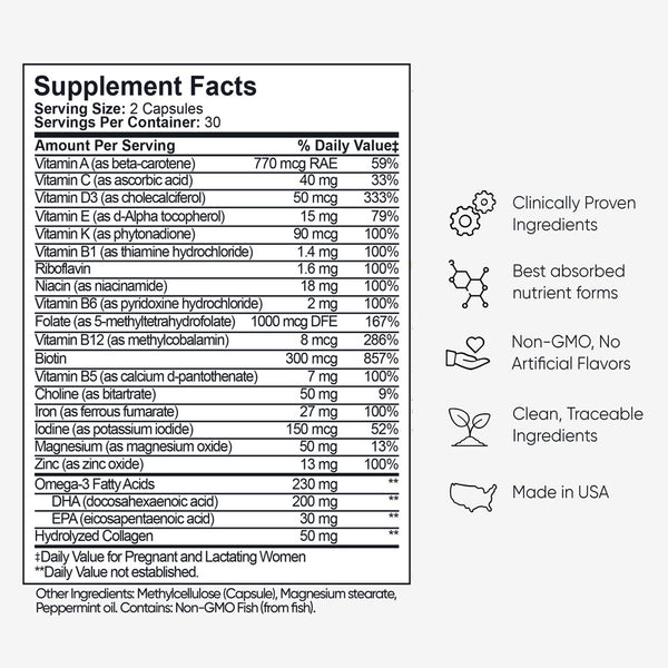 Complete Prenatal supplement facts label showing vitamins, folate 5-MTHF, DHA, and ingredients. Details benefits like 'clinically proven' and 'made in USA'.