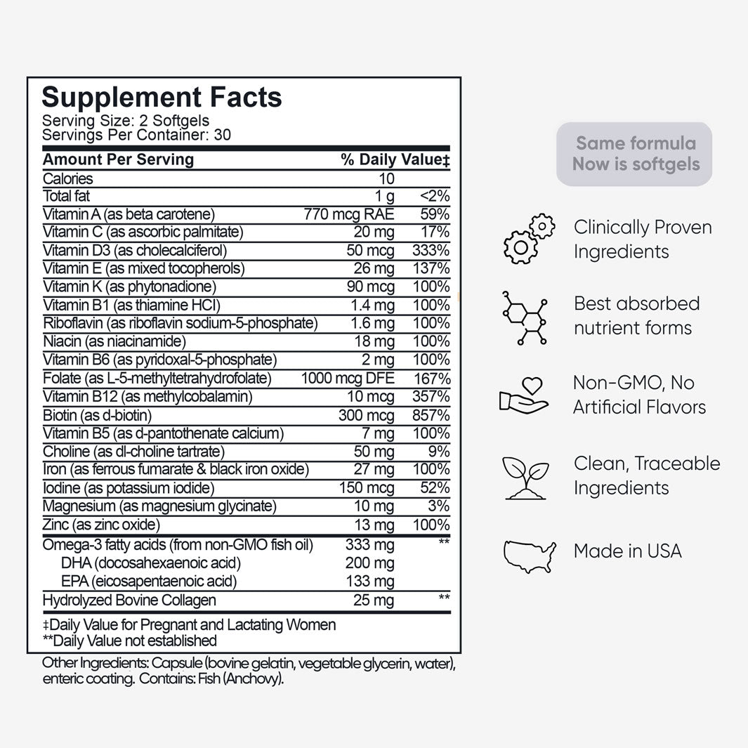 Complete Prenatal supplement facts label showing vitamins, folate 5-MTHF, DHA, and ingredients. Details benefits like 'clinically proven' and 'made in USA'.