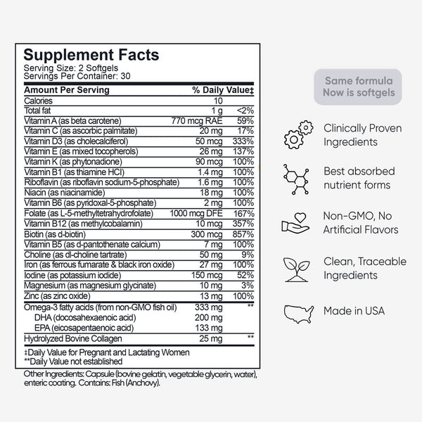 Complete Prenatal supplement facts label showing vitamins, folate 5-MTHF, DHA, and ingredients. Details benefits like 'clinically proven' and 'made in USA'.
