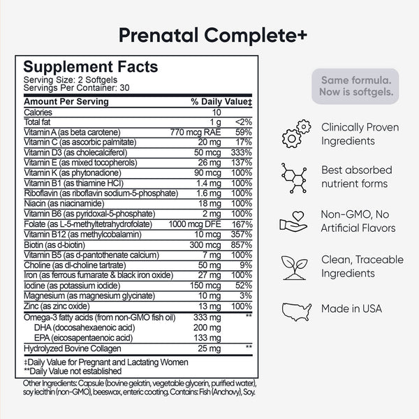 Complete Prenatal supplement facts label showing vitamins, folate 5-MTHF, DHA, and ingredients. Details benefits like 'clinically proven' and 'made in USA'.