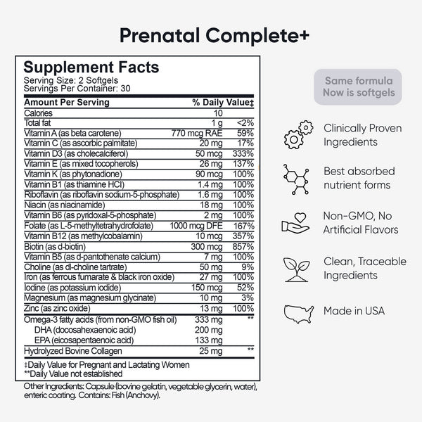 Prenatal Complete+ supplement facts with ingredient list and benefits listing Folate 5-MTHF, Iron, Choline, DHA, Collagen highlighting clinically proven, non-GMO, and Made in USA.