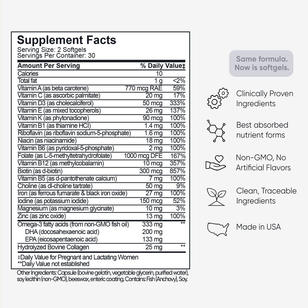 Complete Prenatal supplement facts label showing vitamins, folate 5-MTHF, DHA, and ingredients. Details benefits like 'clinically proven' and 'made in USA'.