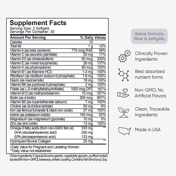 Complete Prenatal supplement facts label showing vitamins, folate 5-MTHF, DHA, and ingredients. Details benefits like 'clinically proven' and 'made in USA'.