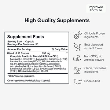 Complete Probiotic Supplement Facts label showing 10 strains, 25 Billion CFU, and ingredient list.