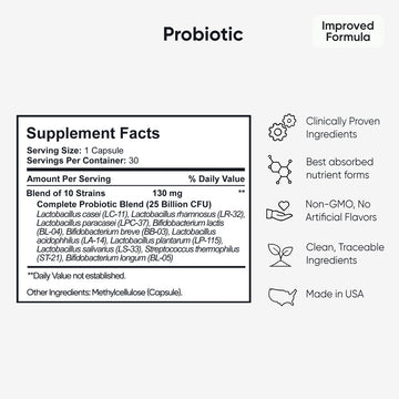 Probiotic Supplement Facts panel with 10 strain blend, 25 Billion CFU, and benefits like Clinically Proven Ingredients & Made in USA.