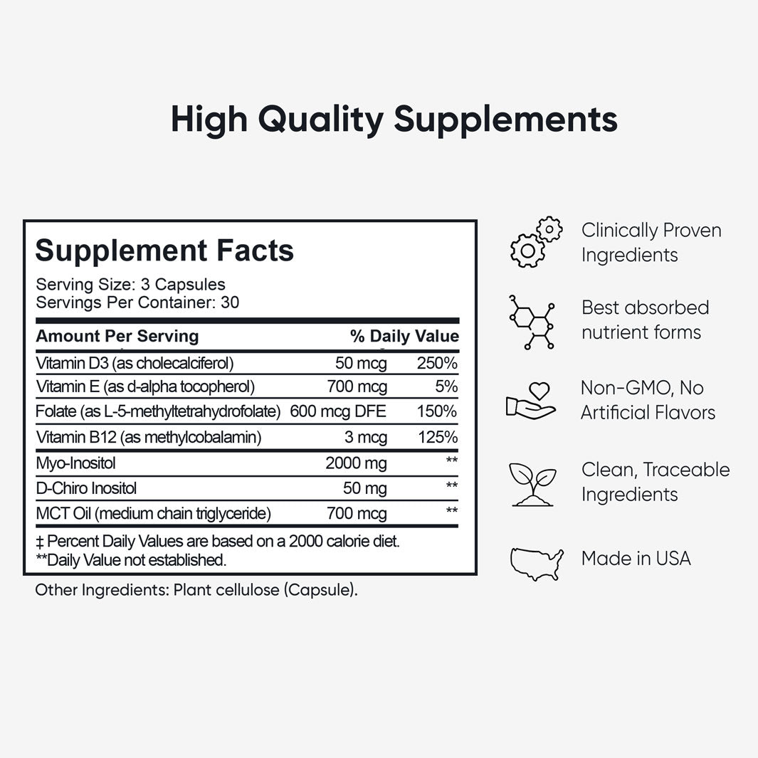BabyRx Fertility Support Supplement Facts panel with 3 capsules per serving, including Folate 5-MTHF, Inositol, and vitamins. Made in USA.