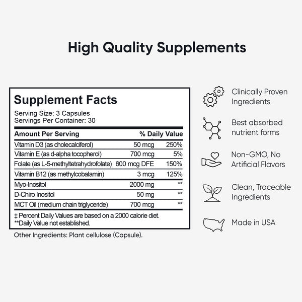 BabyRx Fertility Support Supplement Facts panel with 3 capsules per serving, including Folate 5-MTHF, Inositol, and vitamins. Made in USA.