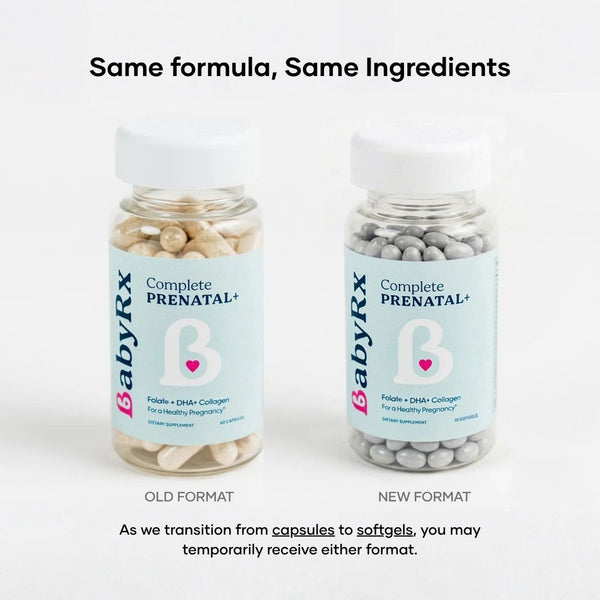 Two BabyRx Complete Prenatal+ supplement bottles shown side by side on a white background, labeled 'Old Format' and 'New Format,' with text above and below explaining the transition from capsules to softgels.