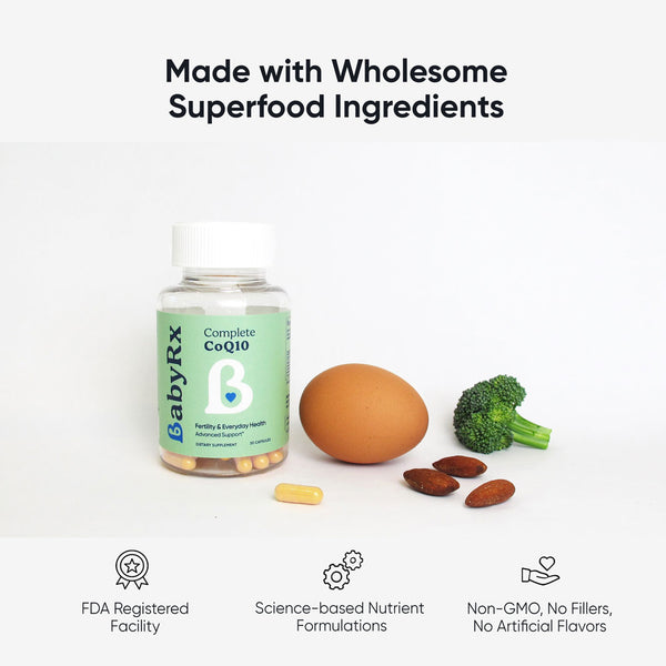 BabyRx Complete CoQ10 bottle with capsules, showing Non-GMO, No fillers, no artificial, wholesome ingredients, science-backed formula.