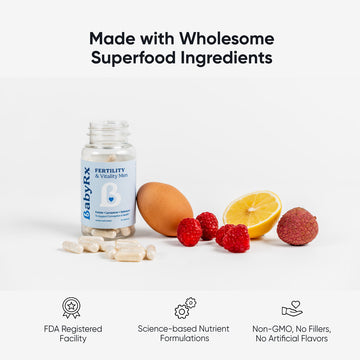 BabyRx Men's Fertility & Vitality supplement with capsules, showing Non-GMO, No fillers, no artificial, wholesome ingredients, science-backed formula.