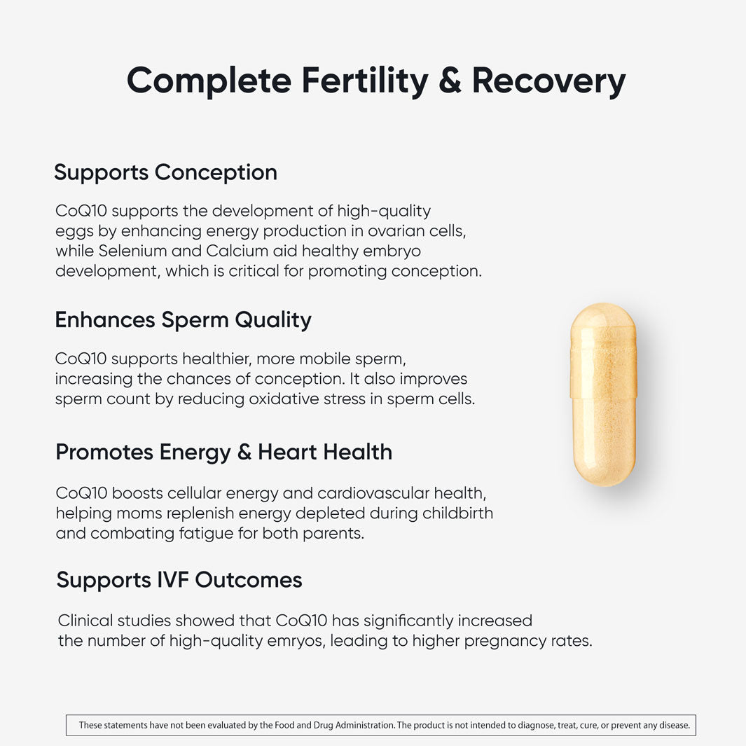 Complete Fertility & Recovery CoQ-10 supplement benefits: supports conception, sperm quality, promotes energy & heart health, supports IVF.