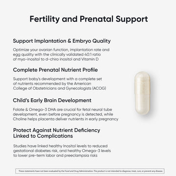 Fertility and Prenatal Support with white capsule, detailing benefits like embryo quality & nutrient support, prenatal nutrition, brain development, implantation and conception support.