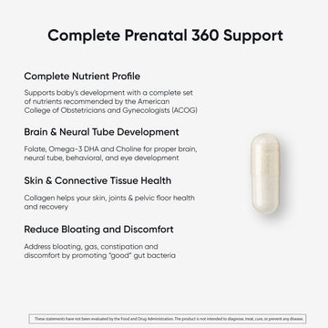 Prenatal 360 Support benefits: Complete Nutrient Profile, Brain & Neural Tube Development, Skin & Connective Tissue Health, Reduce Bloating and Discomfort, with a single white capsule on a light background.