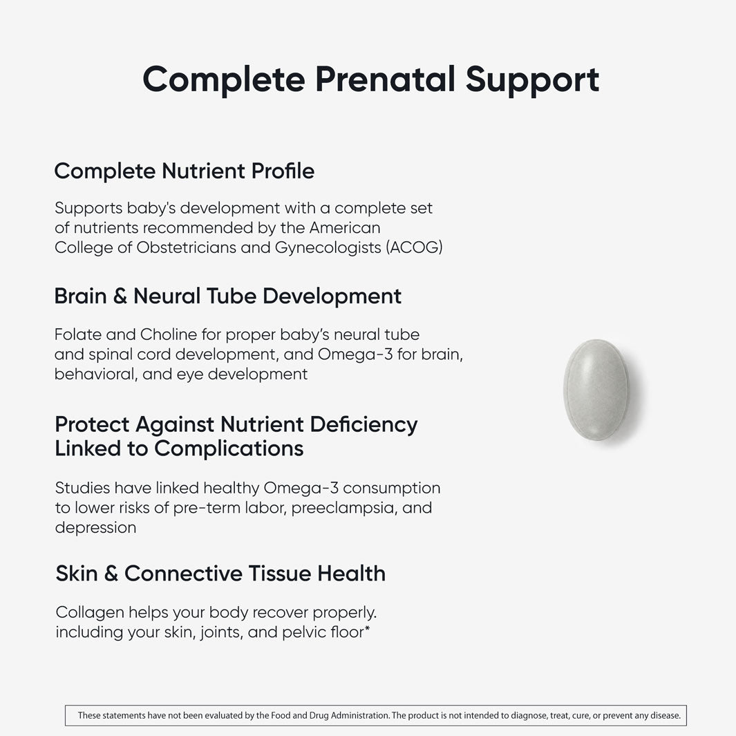 Complete Prenatal+ vitamin capsule on white background with text describing benefits for complete set of nutrients recommended by OBGYNs for a healthy pregnancy, pelvic floor health and infant brain development