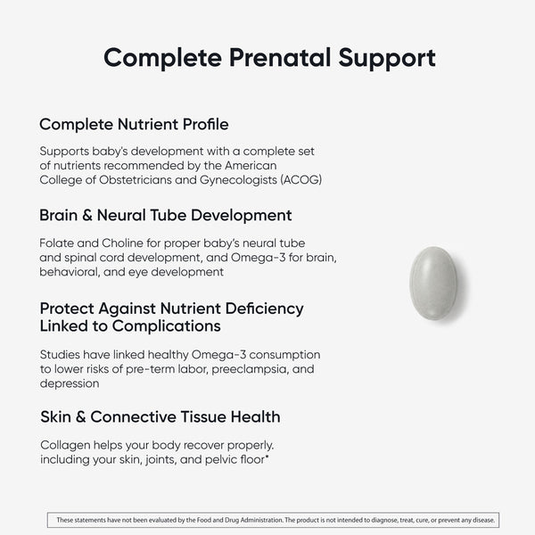 Complete Prenatal+ vitamin capsule on white background with text describing benefits for complete set of nutrients recommended by OBGYNs for a healthy pregnancy, pelvic floor health and infant brain development