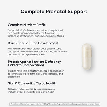 OBGYN-approved prenatal multivitamin with benefits including complete nutrient profile, brain, neural tube, and skin health