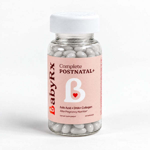 BabyRx Complete Postnatal vitamins bottle for postpartum recovery and breastfeeding with Folate 5-MTHF, DHA, Choline and Collagen for optimal postnatal health.