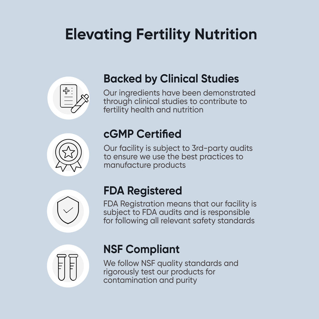 Men's fertility nutrition quality: clinical studies, cGMP, FDA registered, NSF compliant for sperm health.